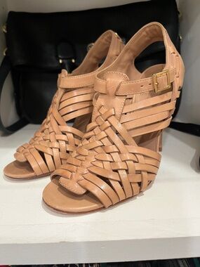 Tory Burch Tan Woven Leather Heeled Sandals